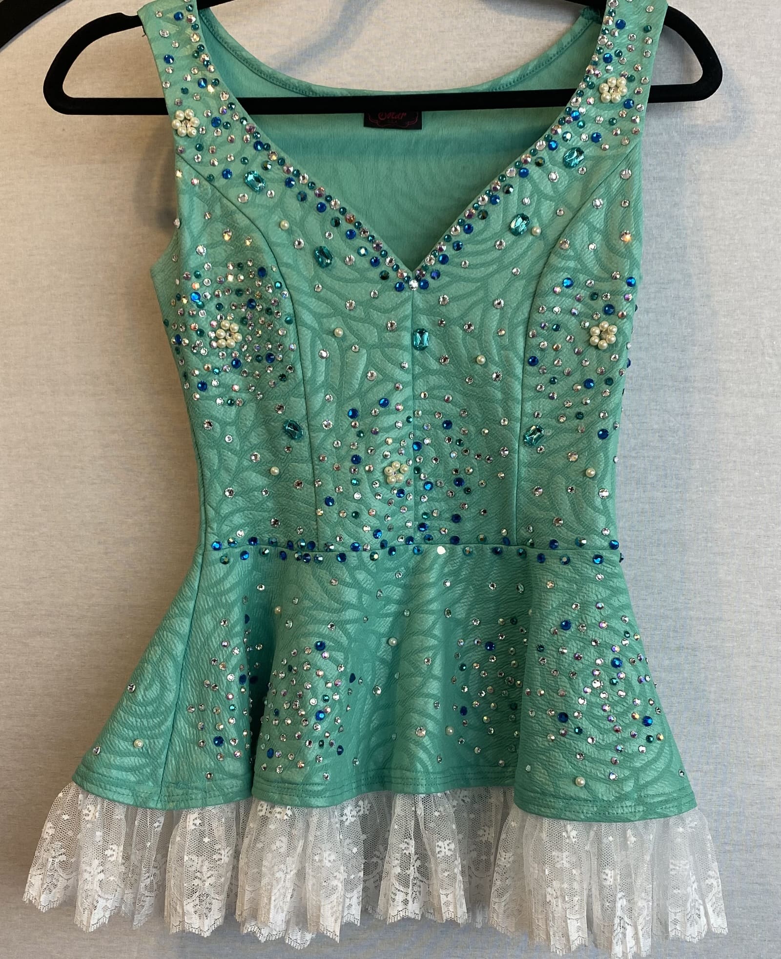 ✨ Product Description: Solar Adult Small Seafoam Rhinestone & Pearl Dance Dress with La... - front