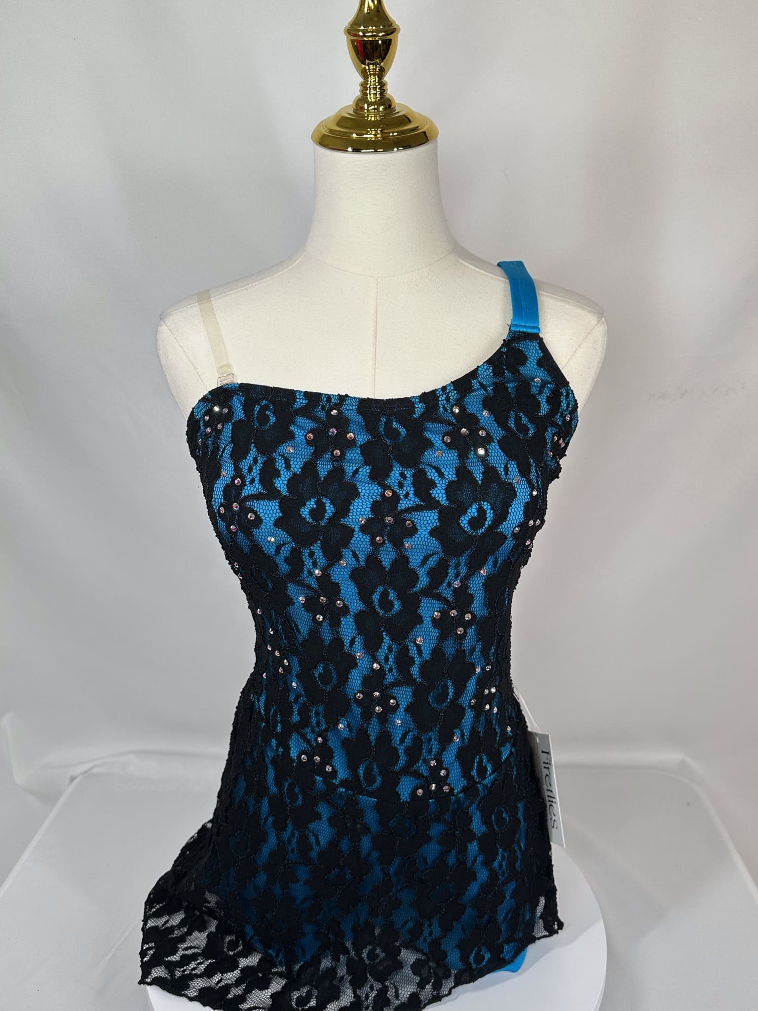 ✨Product description: New Adult XS dance dress – blue/black lace with biketard) - front
