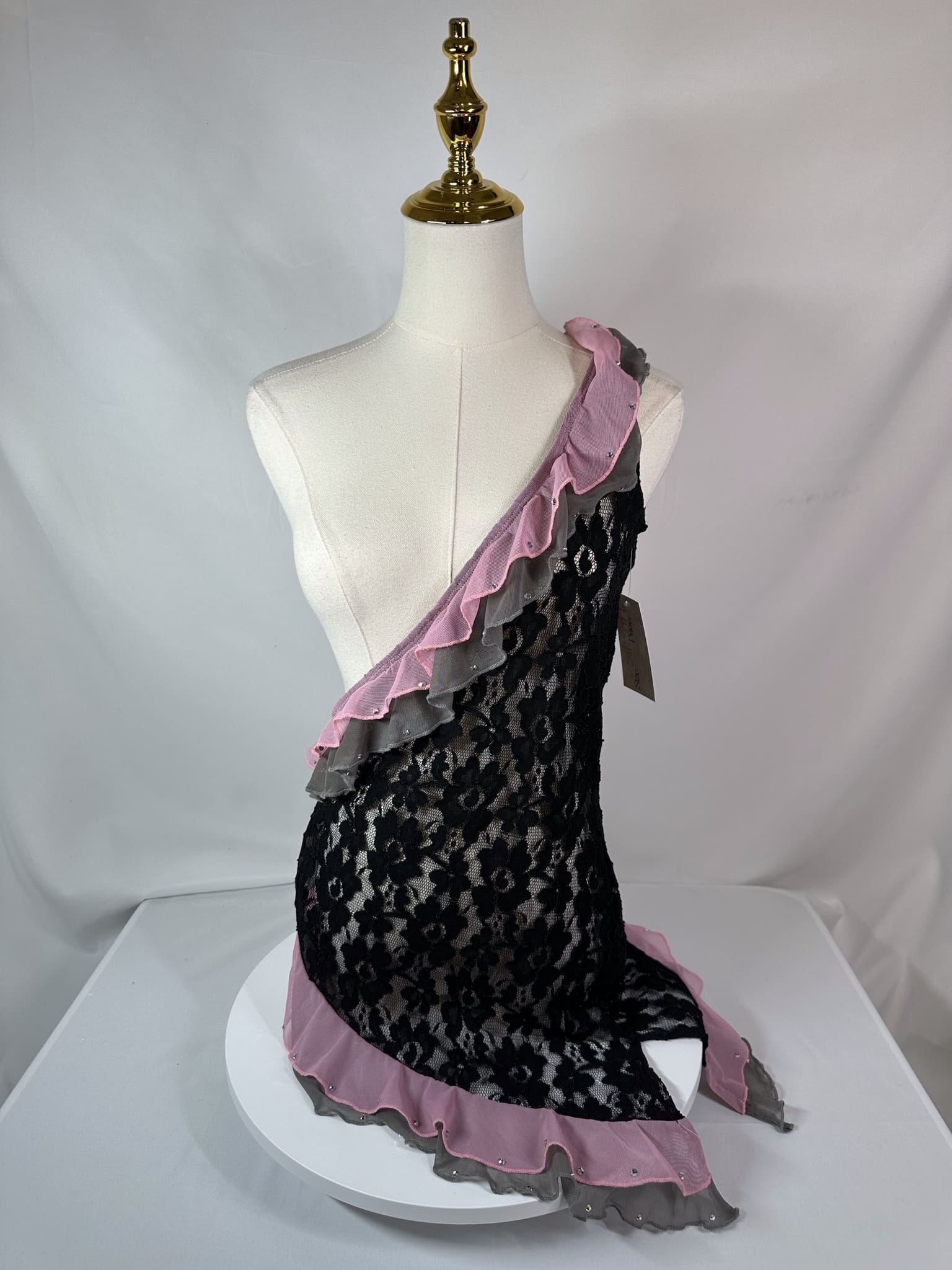 (Adult Medium) — Black Lace One-Shoulder Dance Dress (no attached bottoms) — Gently Used - front