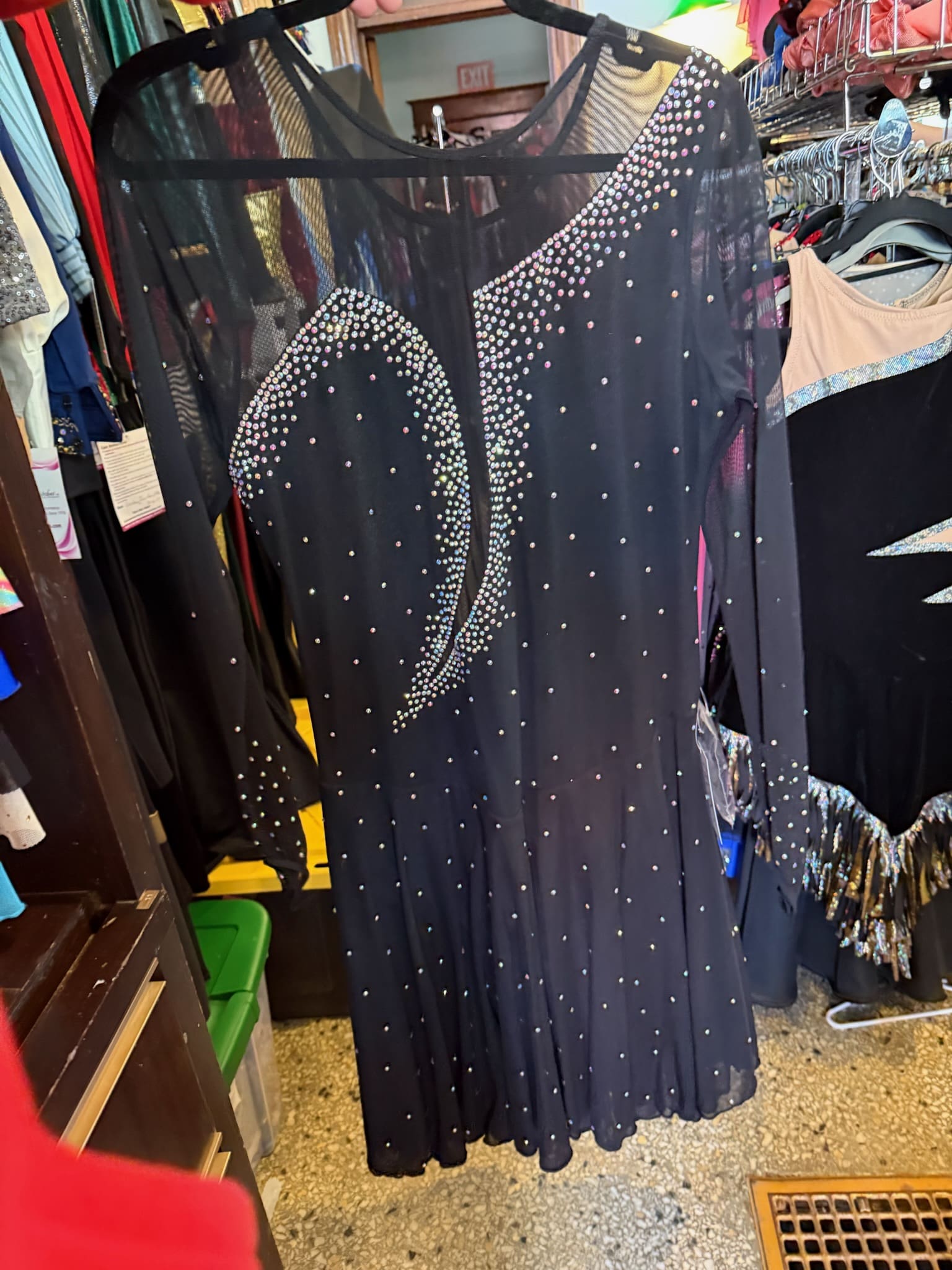 Black Long-Sleeve Rhinestone Swirl Figure Skating Dress - front