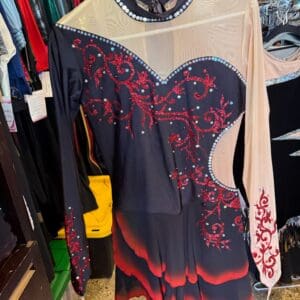 Black and Red Filigree Ombre Hem Long-Sleeve Figure Skating Dress - front