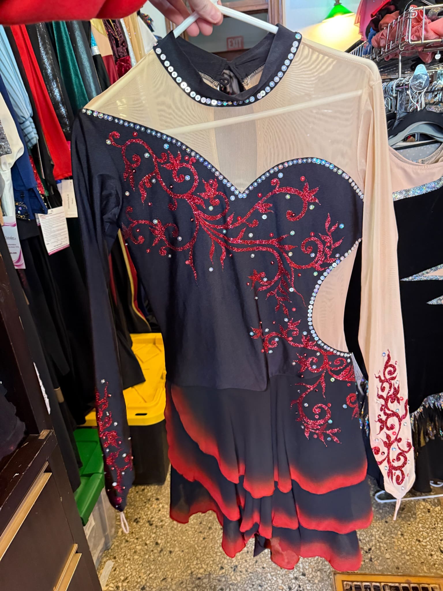 Black and Red Filigree Ombre Hem Long-Sleeve Figure Skating Dress - front