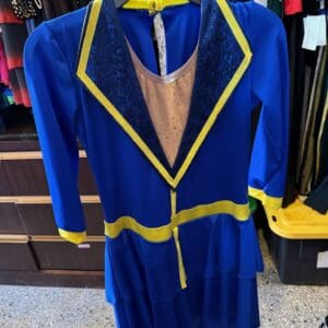 Royal Blue and Gold Lapel Marching-Band Style Figure Skating Dress - front