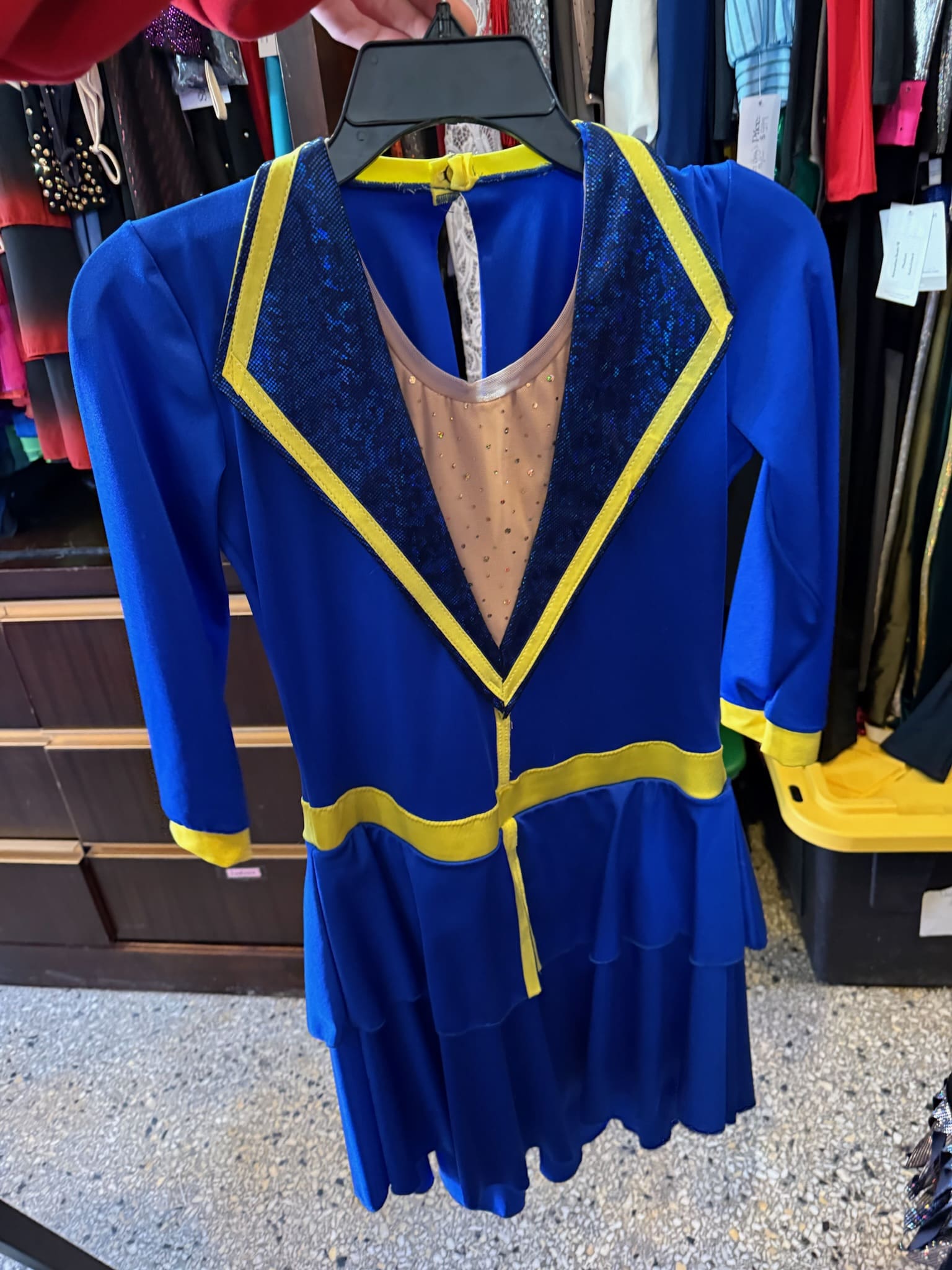 Royal Blue and Gold Lapel Marching-Band Style Figure Skating Dress - front