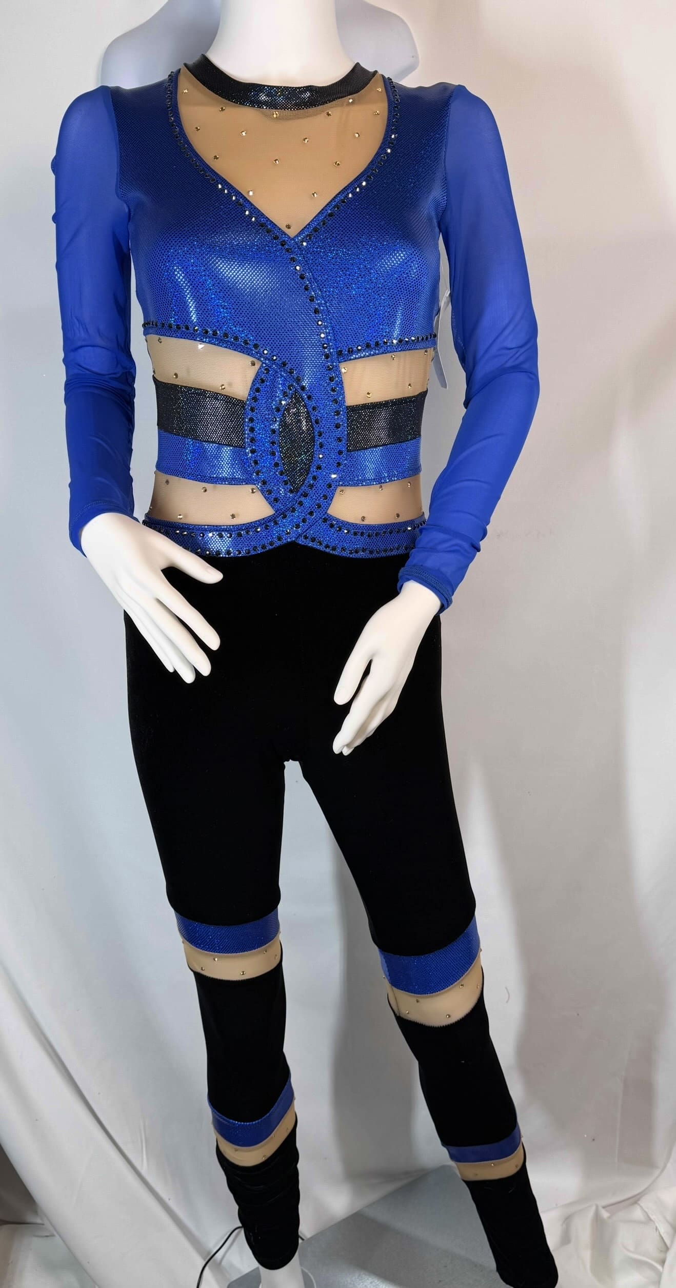 Royal Blue & Black Illusion Cutout Long-Sleeve Unitard - front