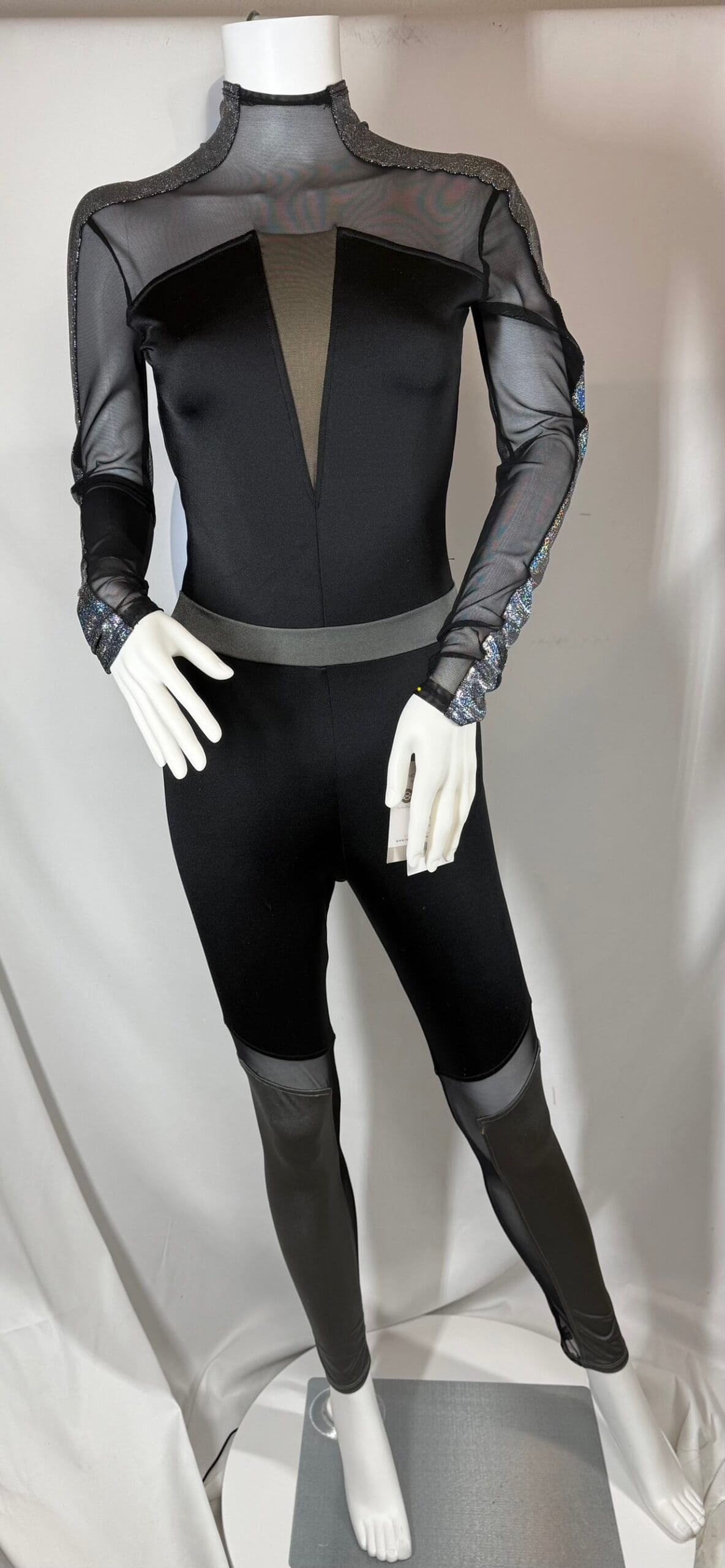 Black & Charcoal Mesh Mock-Neck Catsuit Unitard - front