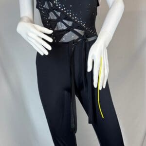 Black Rhinestone Lace-Up Illusion Halter Unitard - front