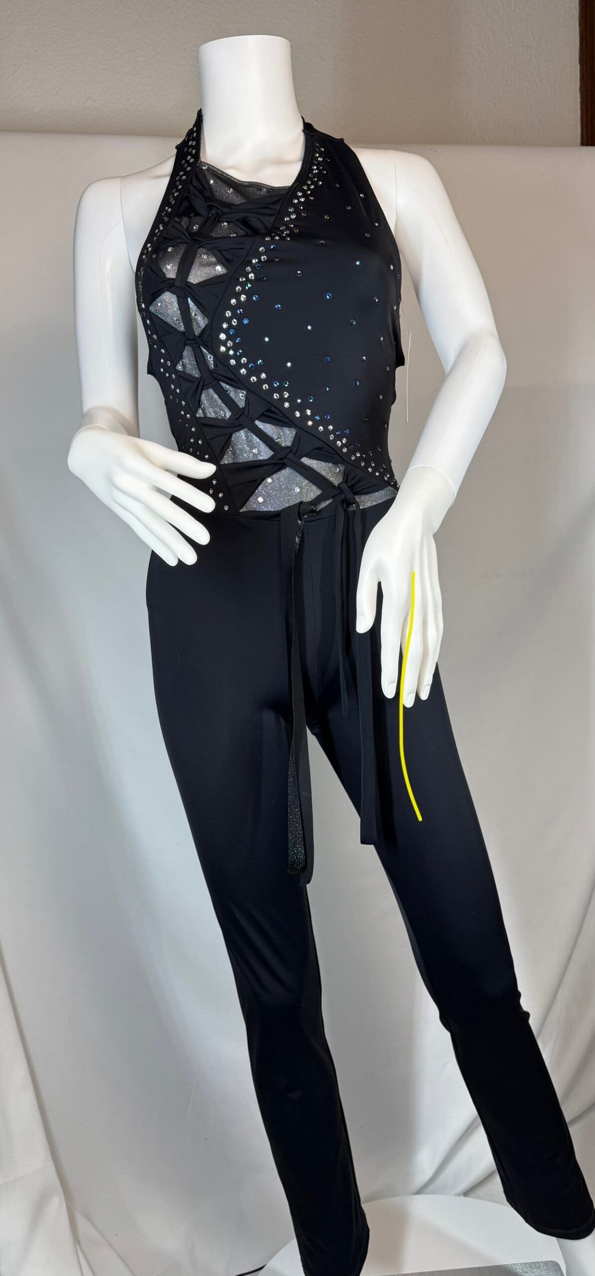 Black Rhinestone Lace-Up Illusion Halter Unitard - front