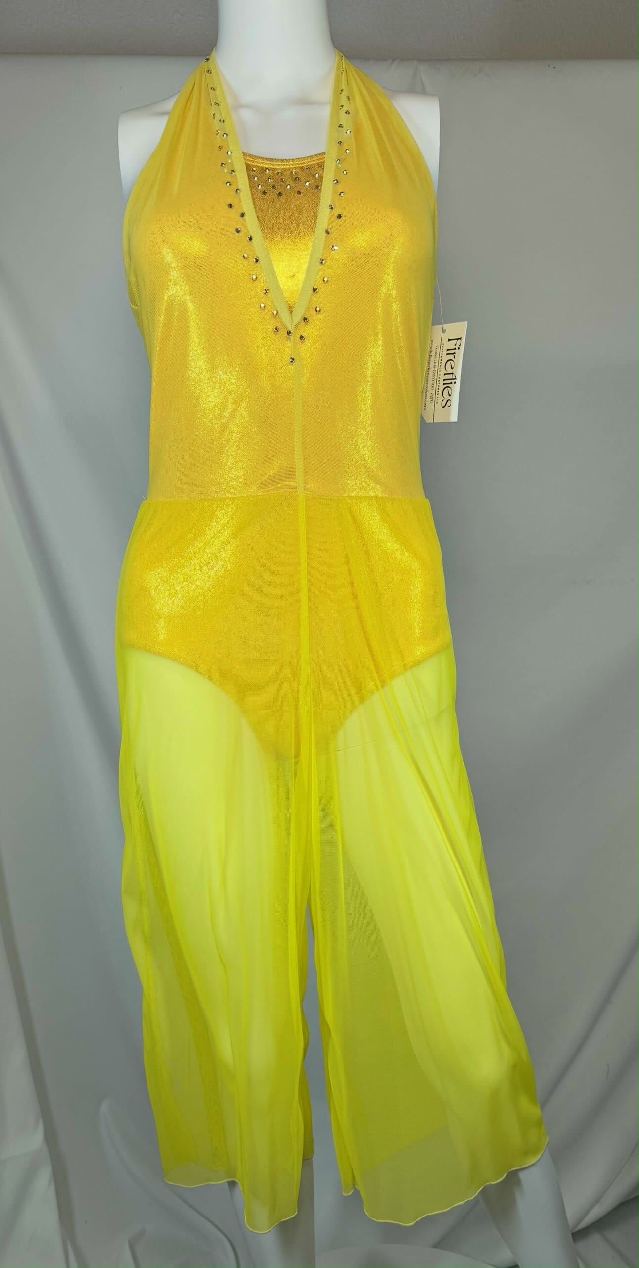 Yellow Metallic Halter Biketard with Sheer Overskirt - front
