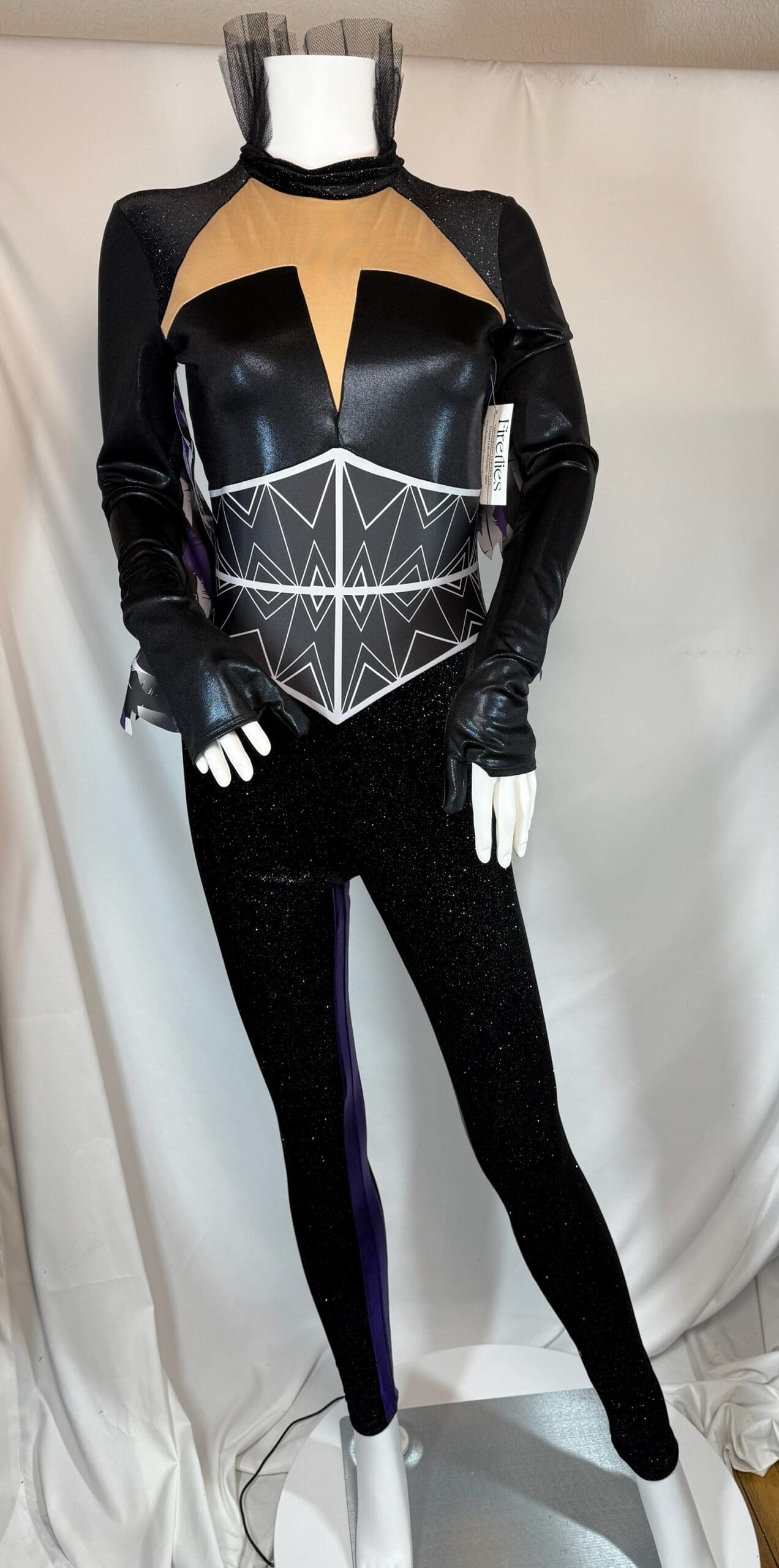 Black & Purple Geometric Corset Long-Sleeve Unitard - front