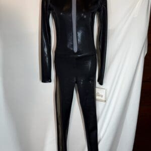 Black Metallic 'Femme Bot' Mesh-Panel Catsuit Unitard - front