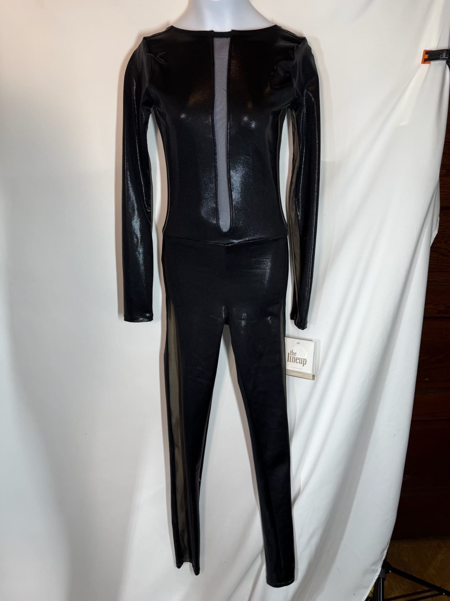 Black Metallic 'Femme Bot' Mesh-Panel Catsuit Unitard - front