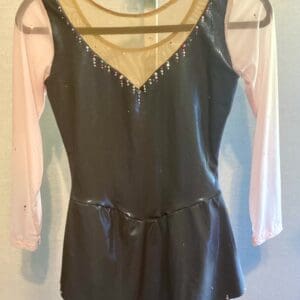 Small Adult Dark Gray Figure Skating Dress With Blush Mesh Sleeves Rhinestones - front