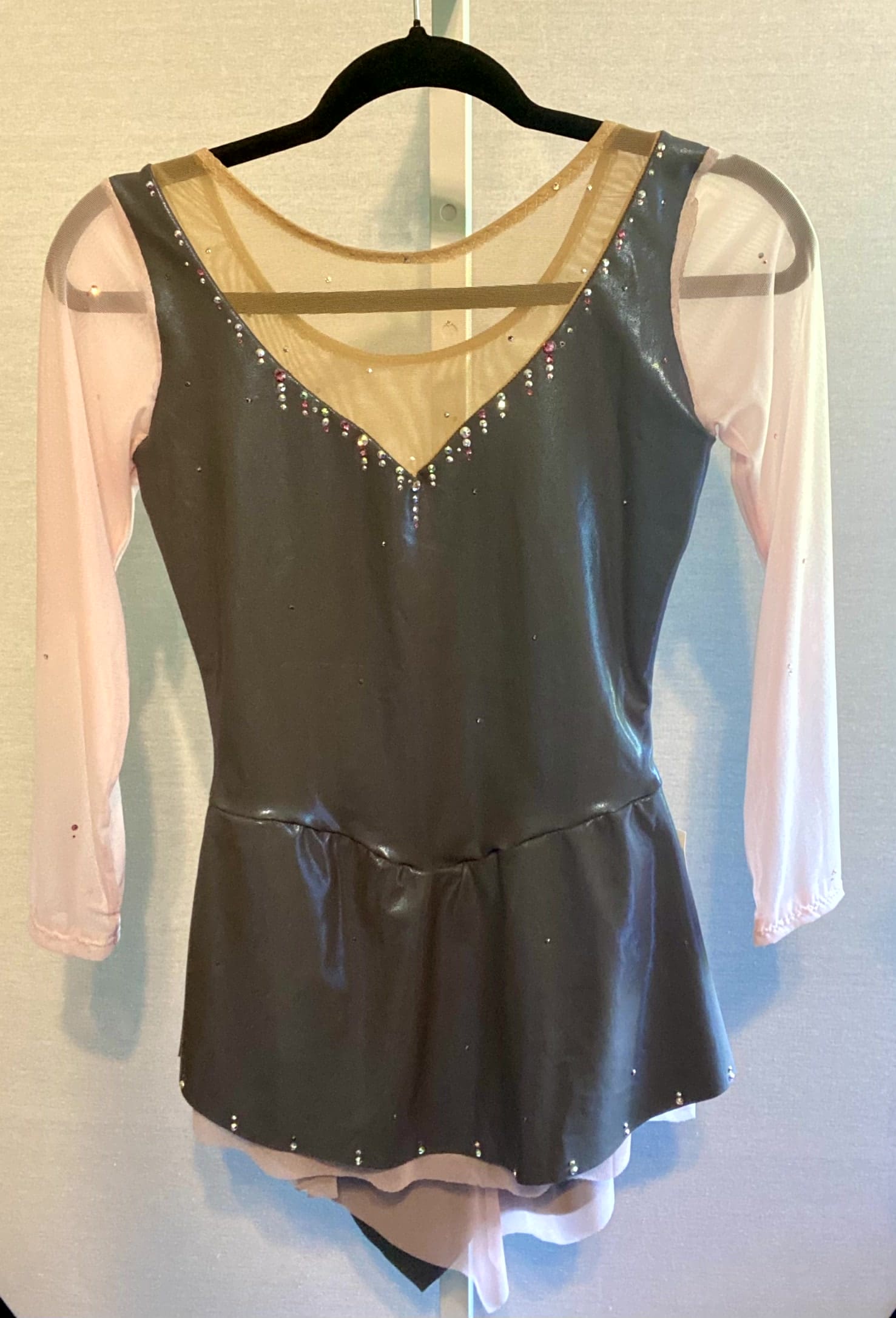 Small Adult Dark Gray Figure Skating Dress With Blush Mesh Sleeves Rhinestones - front