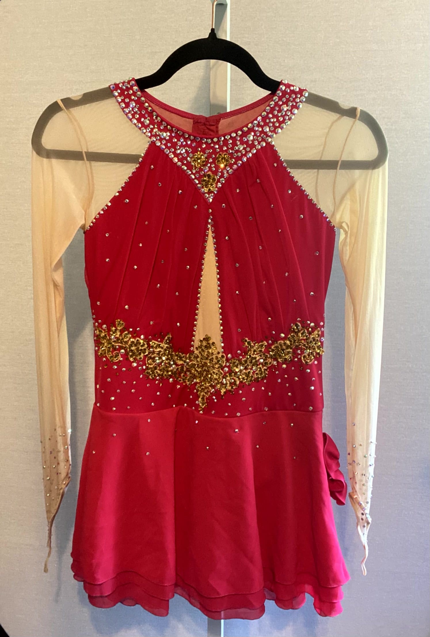 Adult Small Red Figure Skating Dress Gold Rhinestones Illusion Sleeves New Competition - front