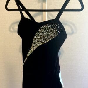 Adult Small Black Figure Skating Dress Rhinestone Accent Asymmetrical Straps - front