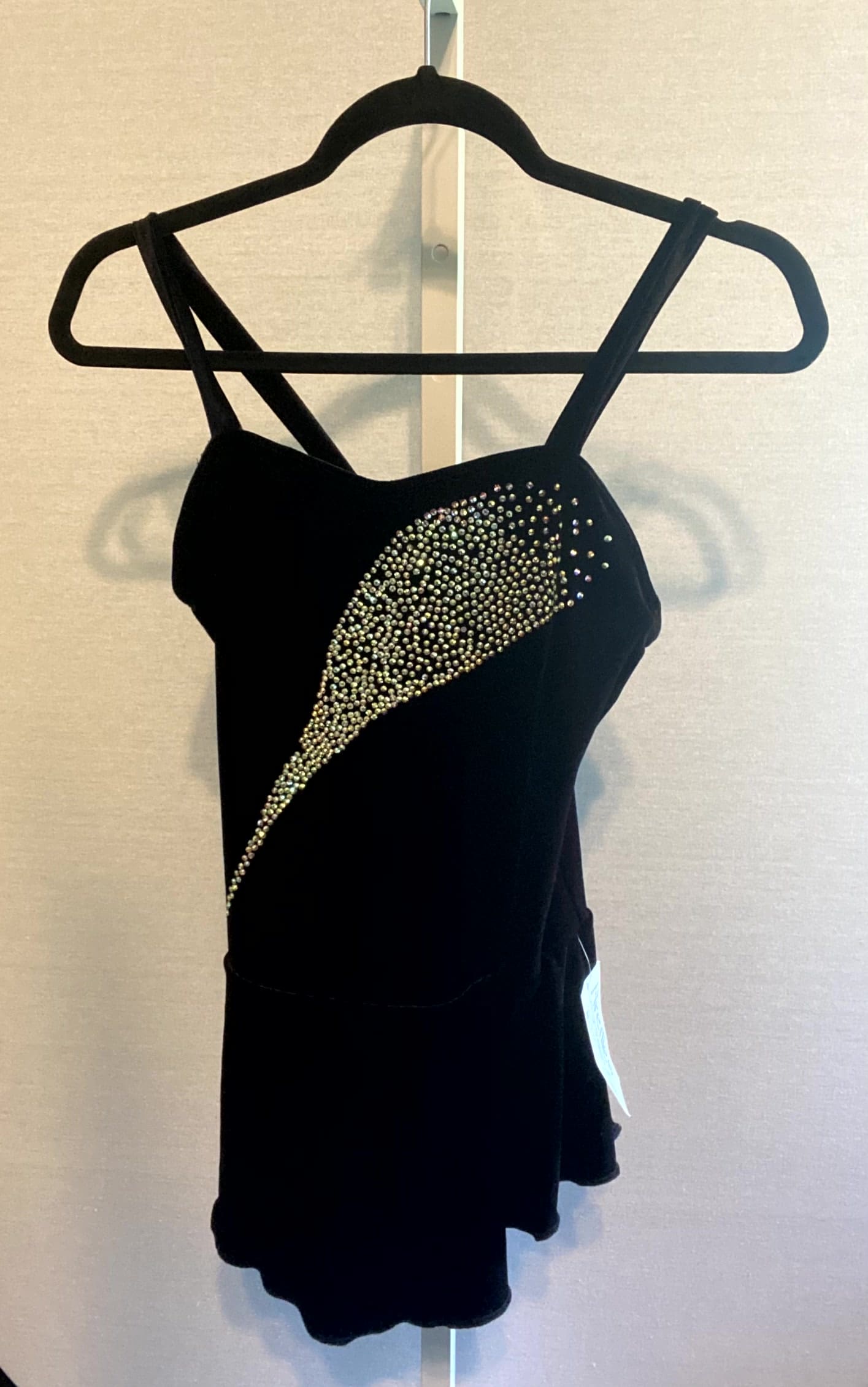Adult Small Black Figure Skating Dress Rhinestone Accent Asymmetrical Straps - front