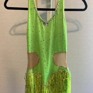 A Wish Come True Adult Small Neon Green Fringe Figure Skating Dress Rhinestones - front