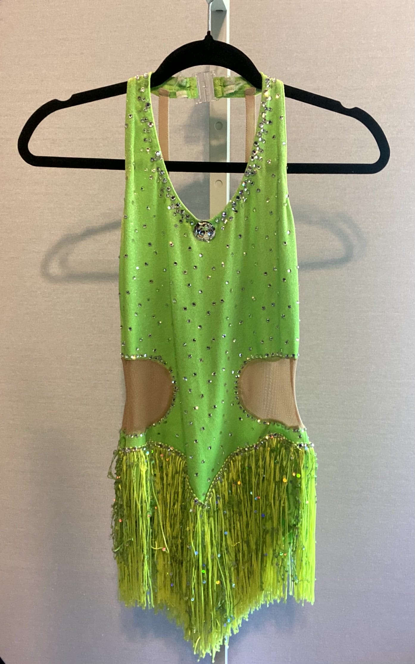 A Wish Come True Adult Small Neon Green Fringe Figure Skating Dress Rhinestones - front