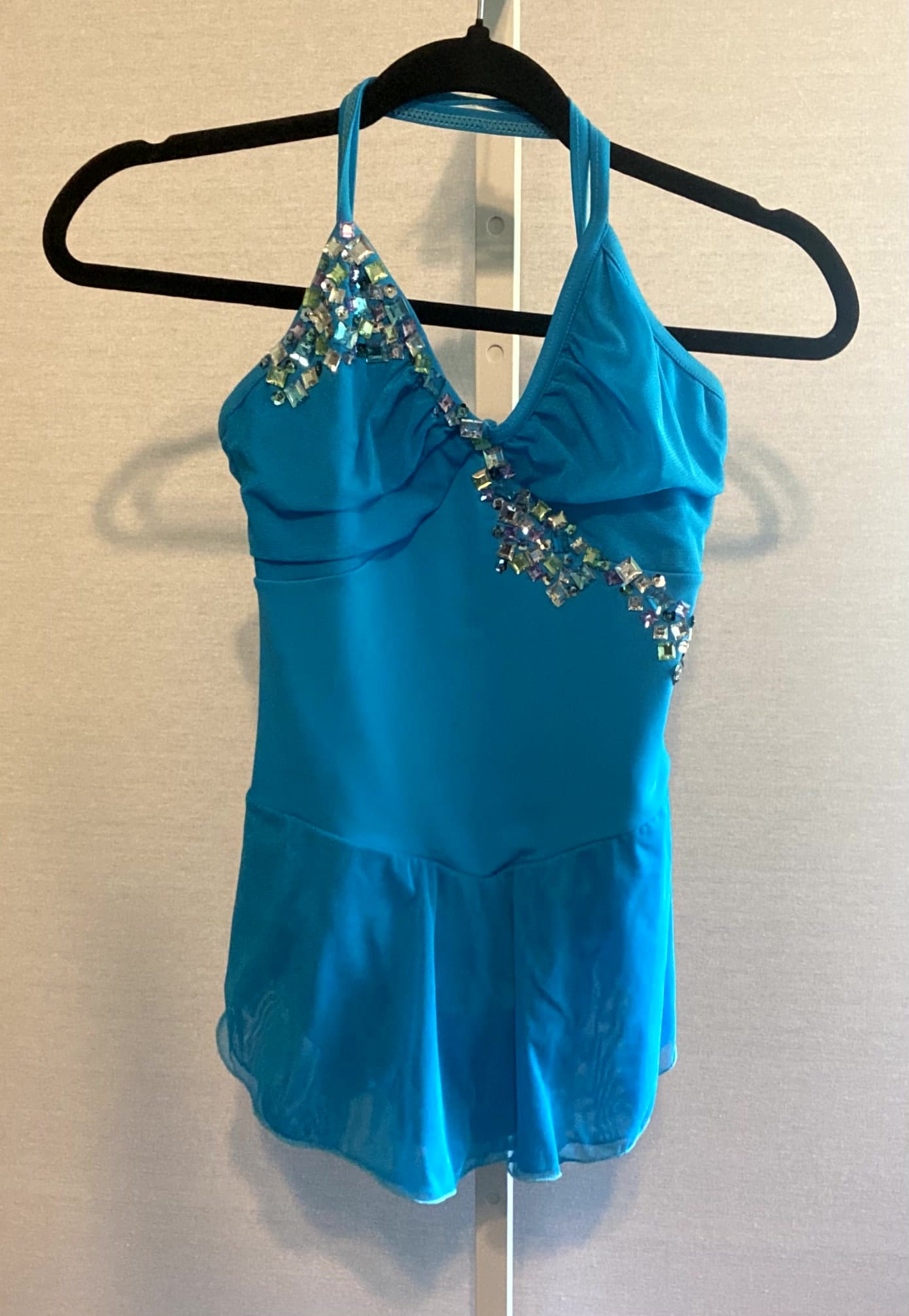Jump In Style Adult Small Turquoise Blue Figure Skating Dress Rhinestones Used - front