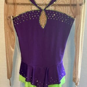 Adult XS Purple & Neon Green Figure Skating Dress - New Rhinestone Mesh Long - front