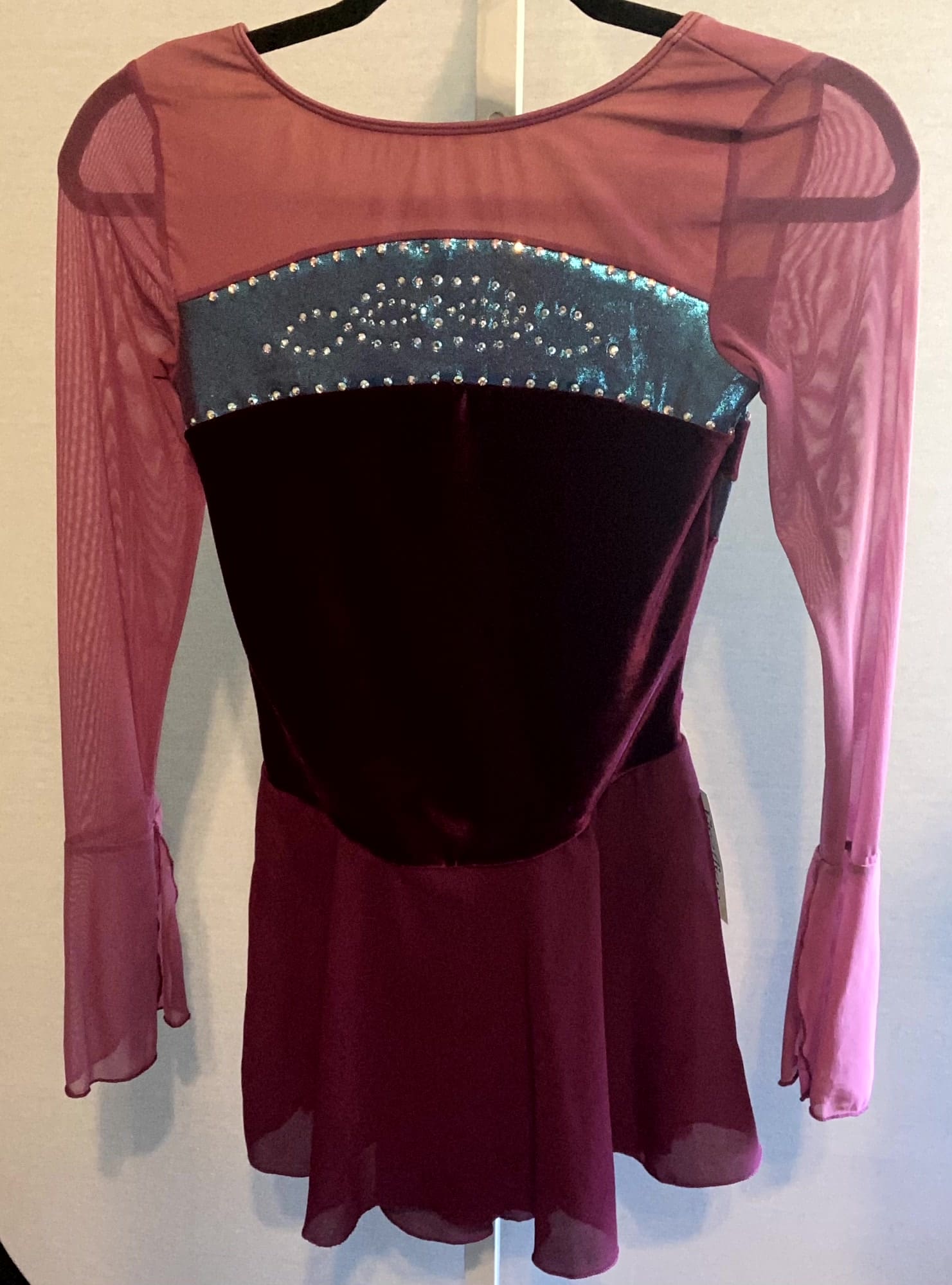 Elite Sportswear Adult Small Figure Skating Dress - Burgundy Velvet With Teal - front