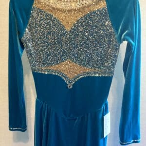 Sharene Adult Medium Figure Skating Dress - Teal Velvet With Sequin & Rhinestone - front