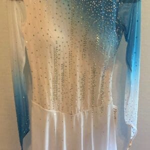 Adult XS/S Figure Skating Dress - White & Teal Rhinestone Gradient Illusion, - front