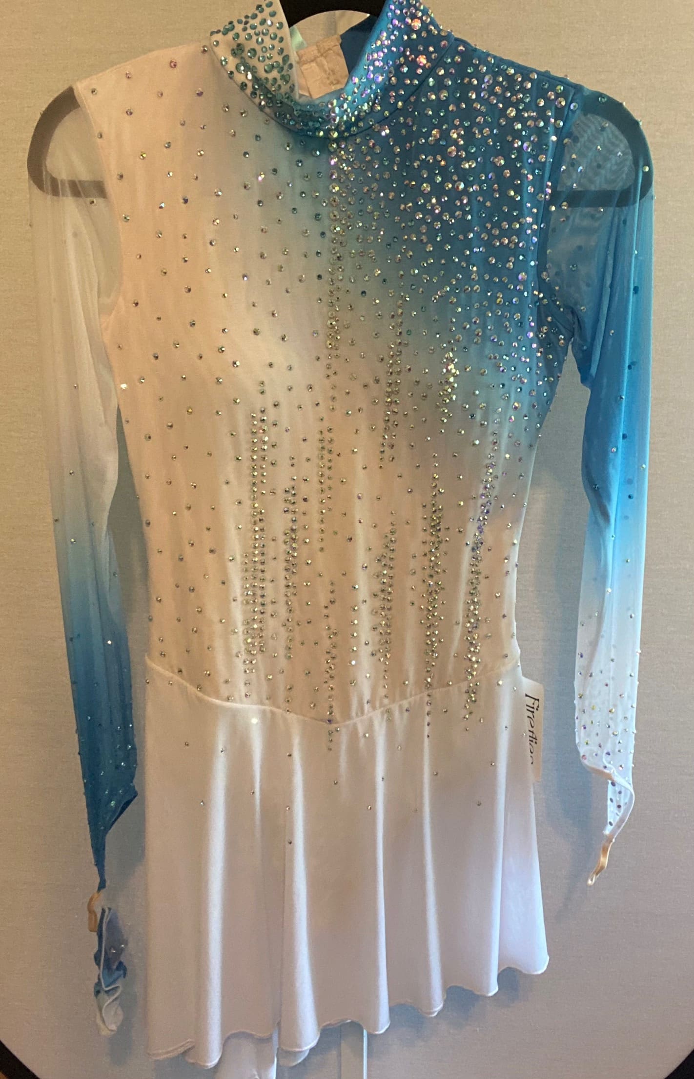 Adult XS/S Figure Skating Dress - White & Teal Rhinestone Gradient Illusion, - front