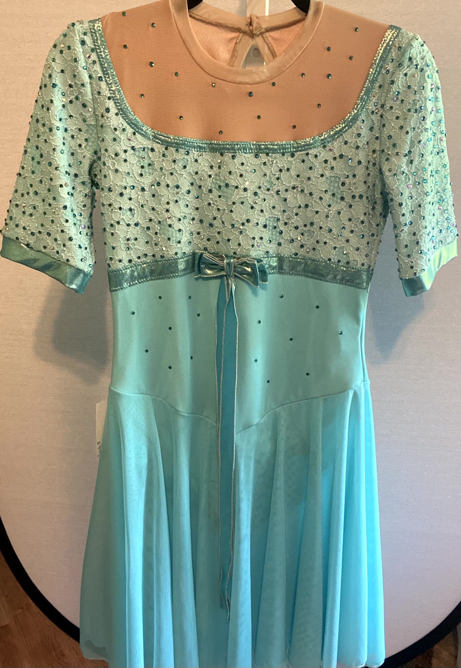 Freida B Aqua Lace Figure Skating Dress With Rhinestones - front
