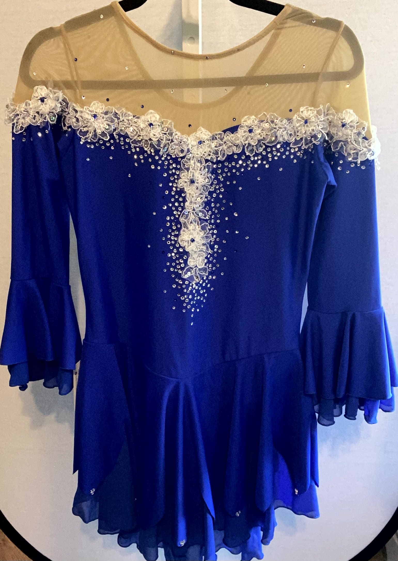 Royal Blue Illusion Neckline Skating Dress With Lace & Rhinestones - Adult XL - front