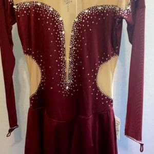 Luxury Burgundy & Nude Illusion Rhinestone Figure Skating Dress - Adult Large - front