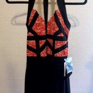 New Adult Medium Figure Skating Dress - Black & Red Rhinestone Lace With Open - front