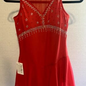 New Adult Large Figure Skating Dress - Red Fireflies Rhinestone Dress With Illusion - front