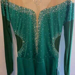 New Adult Large Figure Skating Dress - Emerald Green Rhinestone Dress With Illusion - front