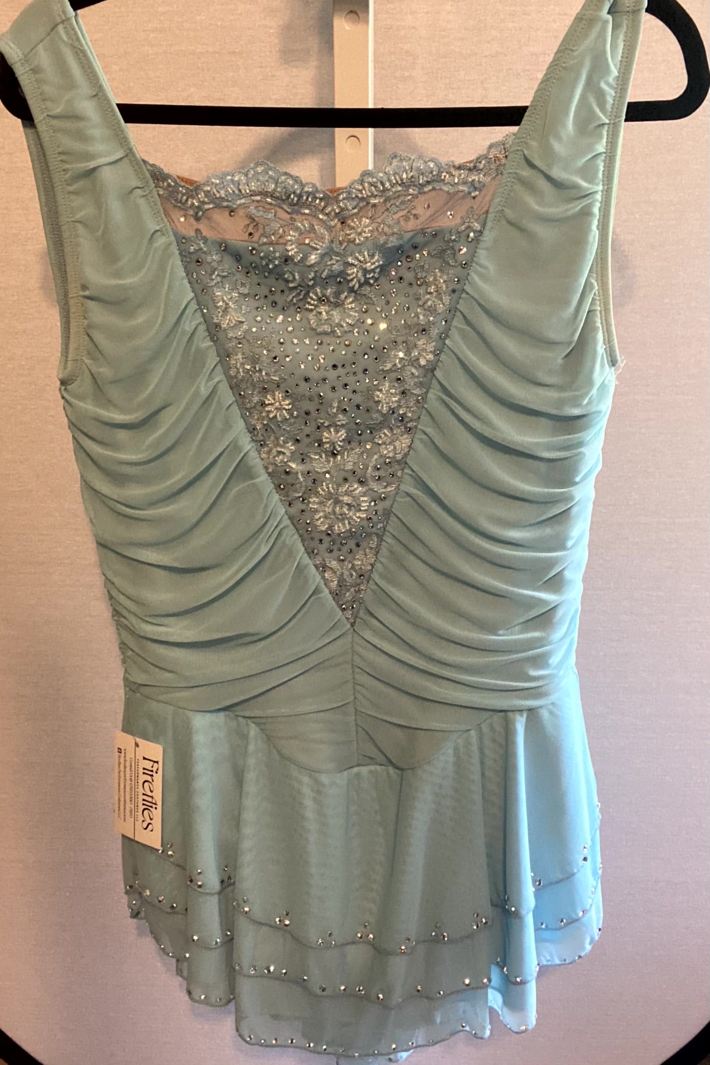 New Adult 2XL Figure Skating Dress - Ice Blue Rhinestone Dress With Lace Detail - front
