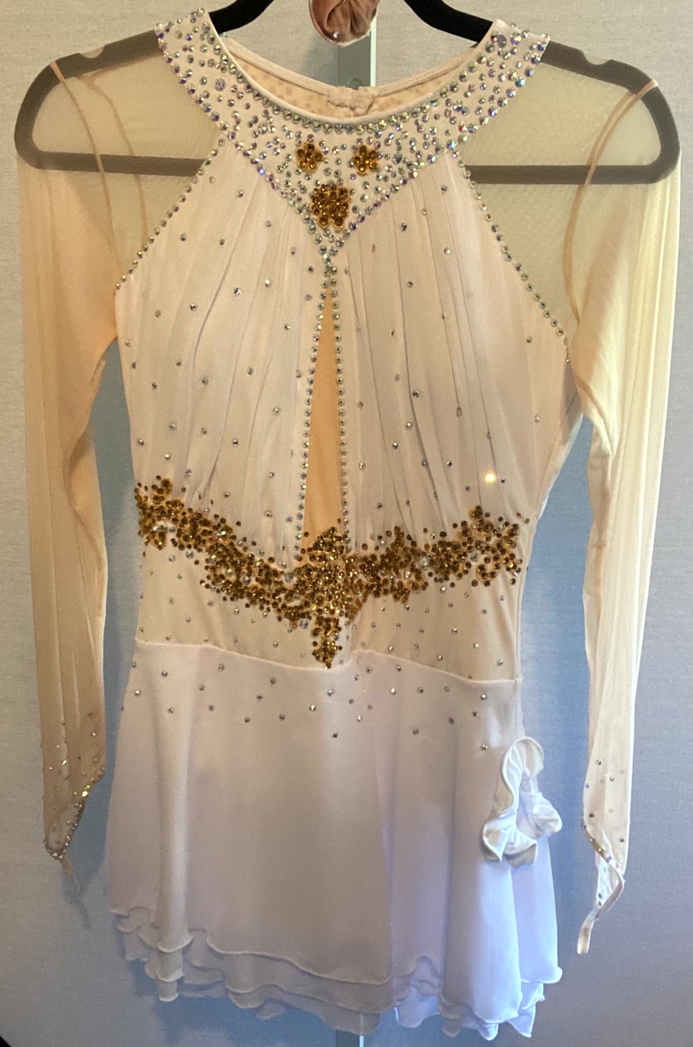 New Adult Figure Skating Dress - White & Gold Rhinestone Dress With Illusion - front