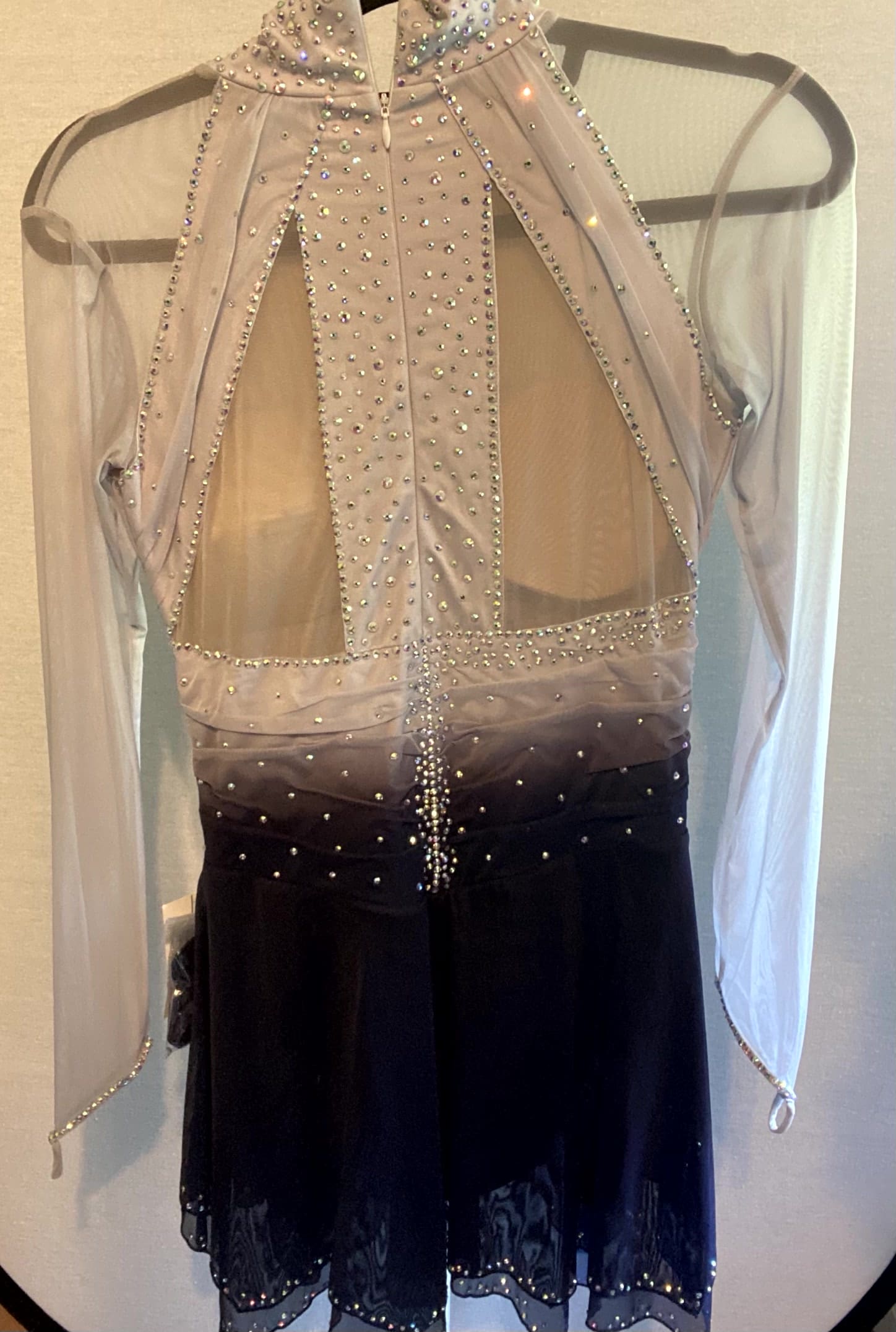 New Adult Figure Skating Dress - Blush & Black Ombre Rhinestone Dress With Illusion - front
