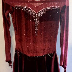 New Adult Figure Skating Dress - Burgundy Velvet Rhinestone Dress With Illusion - front