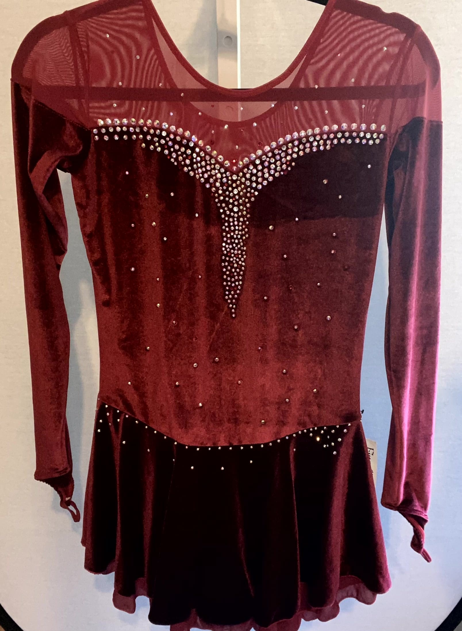 New Adult Figure Skating Dress - Burgundy Velvet Rhinestone Dress With Illusion - front
