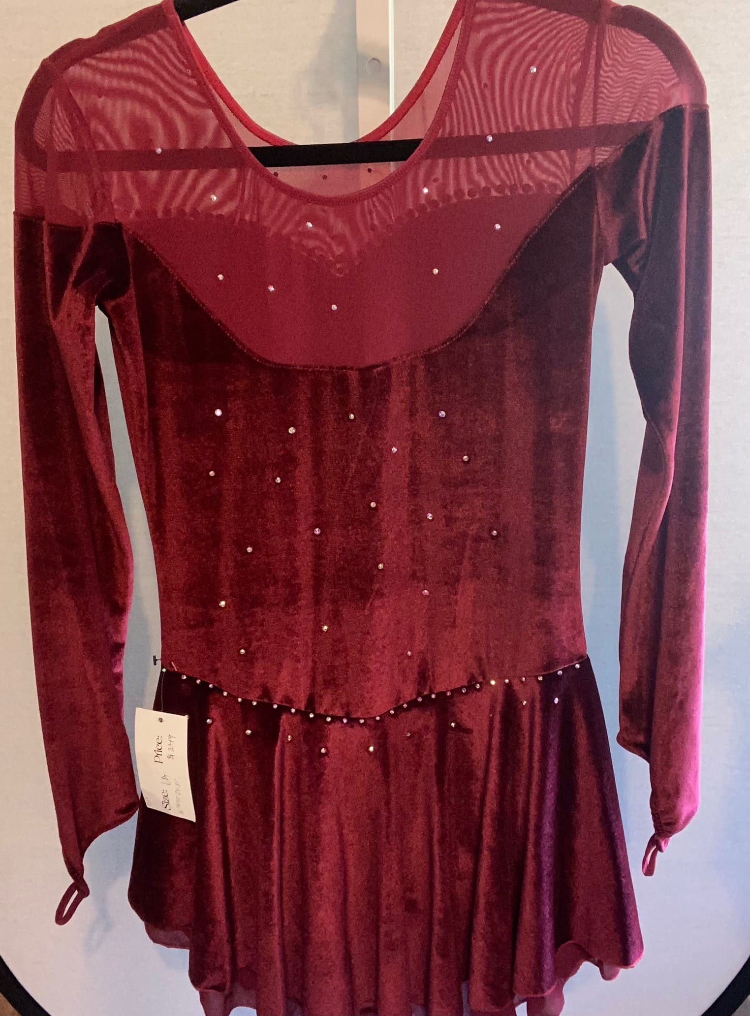 New Adult Figure Skating Dress - Burgundy Velvet Rhinestone Dress With Illusion - view
