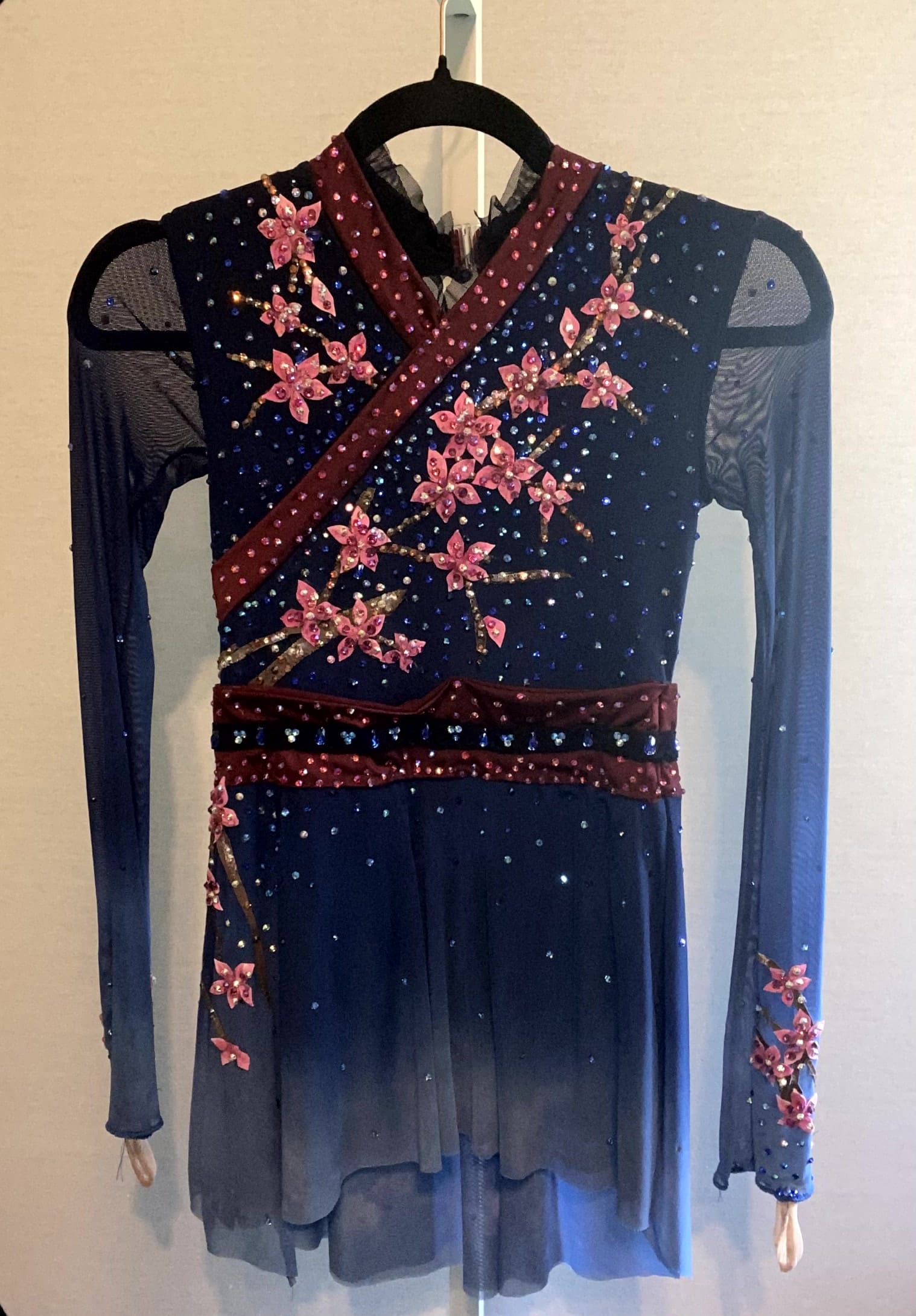 Elegant Navy & Burgundy Floral Rhinestone Figure Skating Dress - Adult Small - front