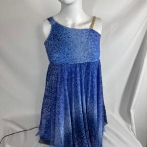 Front view of blue watercolor asymmetrical Revolution skating dress