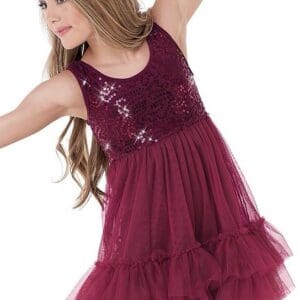 Front view of burgundy sequin tulle Weismann performance dress