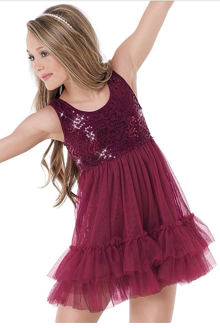 Front view of burgundy sequin tulle Weismann performance dress
