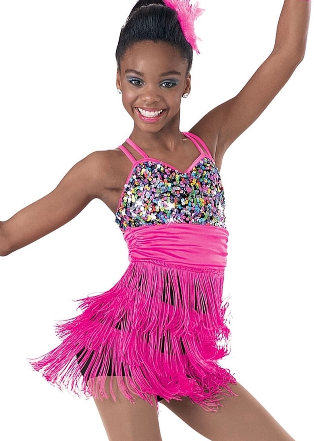 Front view of hot pink fringe and multicolor sequin Weismann performance dress