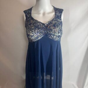 Front view of navy lace sequin open back Weismann skating dress