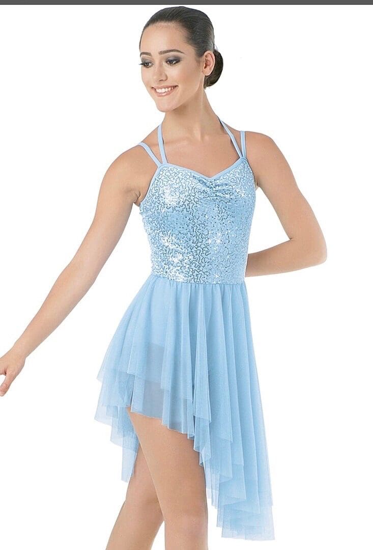 Front view of pale blue sequin bodice Weismann figure skating dress with layered mesh skirt