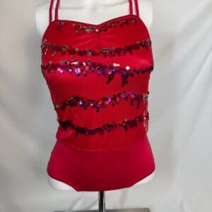 Front view of red sequin Weismann performance top with double straps