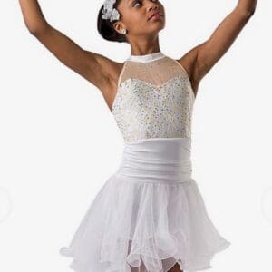 front view of White Sparkle Halter Chiffon Skating Dress